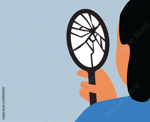 Woman looking at broken mirror self reflection illustration