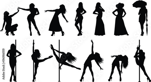 Collection of female silhouettes in elegant and dynamic poses including dancing, fashion, and pole dance, representing femininity, style, performance, movement, and artistic expression