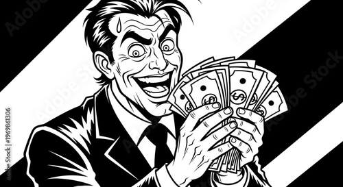 Happy Businessman Holding Fanned Money Celebrating Success in Bright Studio with Striped Background