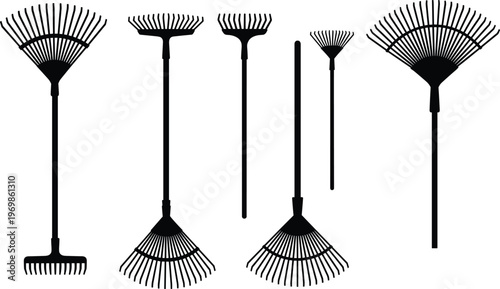 Collection of garden rake silhouettes in different styles and angles, representing landscaping tools, yard work, agriculture equipment, maintenance, and outdoor cleaning activities