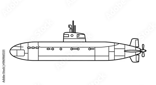 Military Submarine Underwater Vessel Outline Icon on Isolated White Background