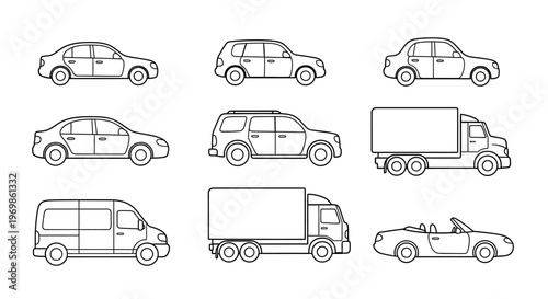 Collection of Various Car and Vehicle Outline Icons on Isolated White Background