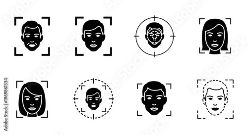 Face Recognition and Biometric Identification Icons Set on Isolated White Background