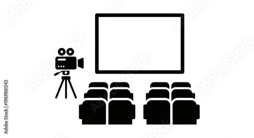 Movie Theater Screen with Projector and Cinema Seats Icon on Isolated White Background