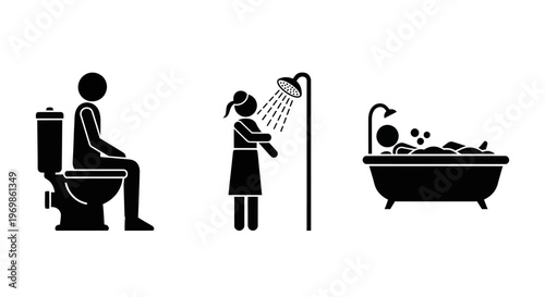 Set of bathroom activity icons: person on toilet, showering, and bathing in tub, isolated white background.