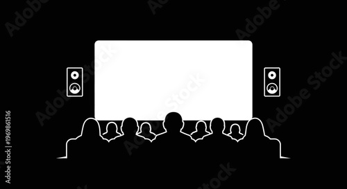 Silhouettes of people watching a movie in a cinema with a large screen and speakers, black background.