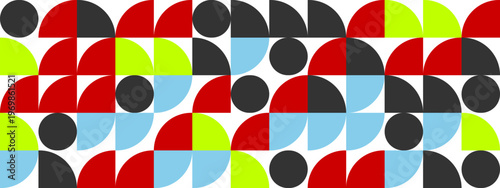 Shapes in red black blue green and yellow form a pattern on a white background. Circles and curves create a bold design.