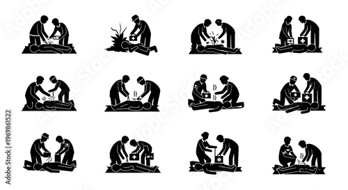 Set of First Aid and Rescue Situations with People Helping Injured, isolated white background.