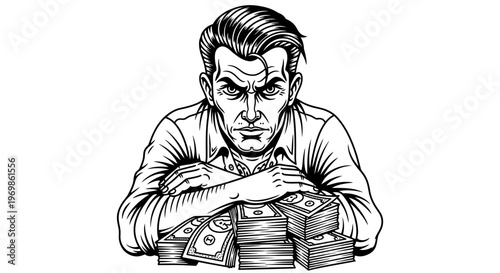 Angry Greedy Man Holding Stack of Cash with Intense Expression, isolated white background.