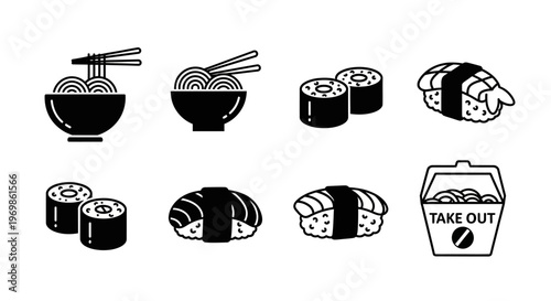 Set of Japanese Cuisine Icons Including Ramen, Sushi, and Take Out Box, isolated white background.