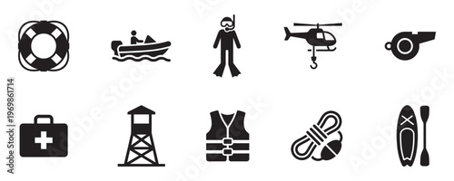 Water safety and beach rescue lifeguard icon set. Vector Illustration.	

