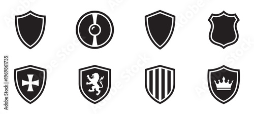 Medieval heraldic shield and knight security icon set. Vector Illustration.	
