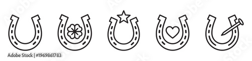 Lucky Horseshoe Symbols and Good Luck Talisman Line Icon Set. Vector Illustration.	
