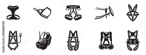 Industrial safety harness and climbing equipment icon set. Vector Illustration.	

