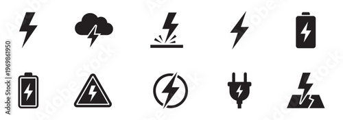 Lightning Bolts and Electrical Power Hazard Silhouette Icon Set. Vector Illustration.	

