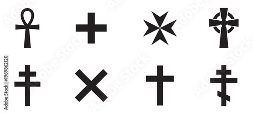 Religious Cross and Spiritual Symbol Silhouette Icon Collection. Vector Illustration.	
