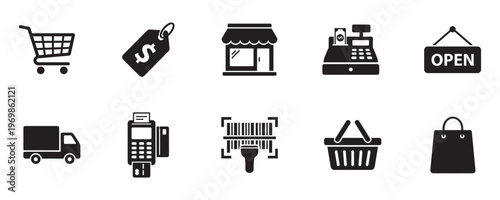 E-commerce and Retail Shopping Service Silhouette Icons. Vector Illustration.	
