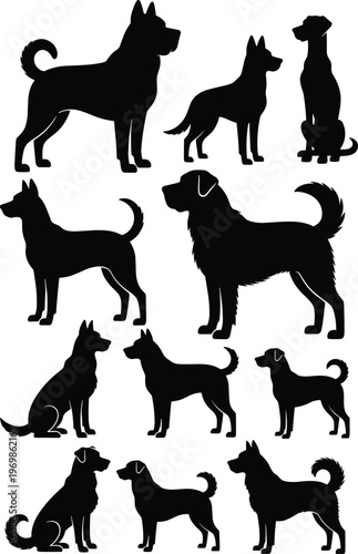 Dog silhouettes collection, various breeds standing sitting poses, pet animals vector set, canine profiles isolated, domestic dogs illustration, black silhouette design