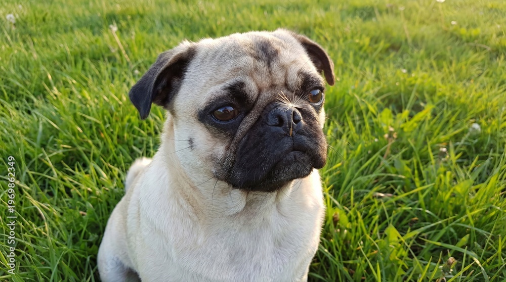 Obraz premium Adorable fawn pug dog sitting peacefully in vibrant green grass with a tiny seed on its nose.