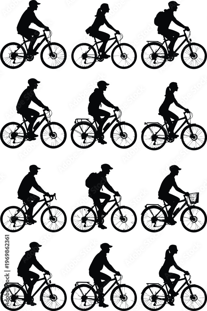 Obraz premium cycling cyclists silhouette bike riders urban commuting active lifestyle transportation eco friendly travel outdoor activity fitness recreation sustainable mobility illustration