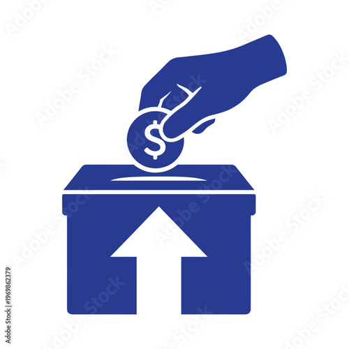 Hand dropping dollar coin into donation box with upward arrow indicating growth of funds for philanthropic cause and investment.
