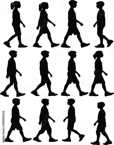 Walking people silhouettes set, men women children walking side view, isolated black figures, motion steps, human gait collection, vector style