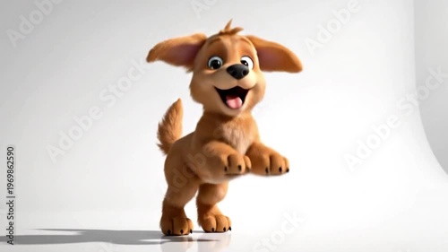 A cheerful animated puppy leaps joyfully against a simple white background, full of energy