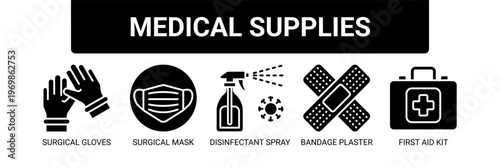 Medical Supplies web banner icon vector illustration concept with icons of surgical gloves, surgical mask, disinfectant spray, bandage plaster, and first aid kit.