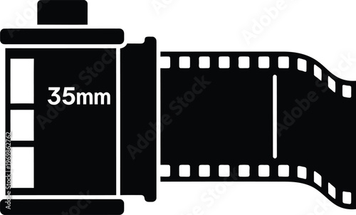 Film camera, 35mm filmstrip, photography equipment, black and white icon, vector graphic