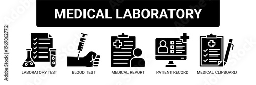Medical Laboratory web banner icon vector illustration concept with icons of laboratory test, blood test, medical report, patient record, and medical clipboard.