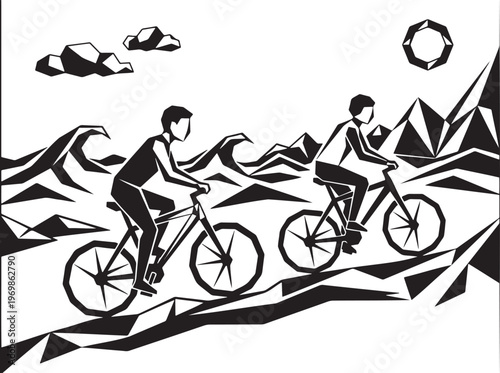 Two people cycling on mountain trail under sun and clouds