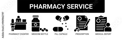 Pharmacy Service web banner icon vector illustration concept with icons of pharmacy counter, medicine bottle, pill capsule, prescription, and medical report.