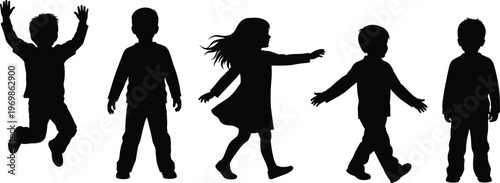 Silhouette collection of playful children in different poses walking jumping and standing, representing childhood joy, innocence, activity, growth, diversity, and carefree lifestyle concepts