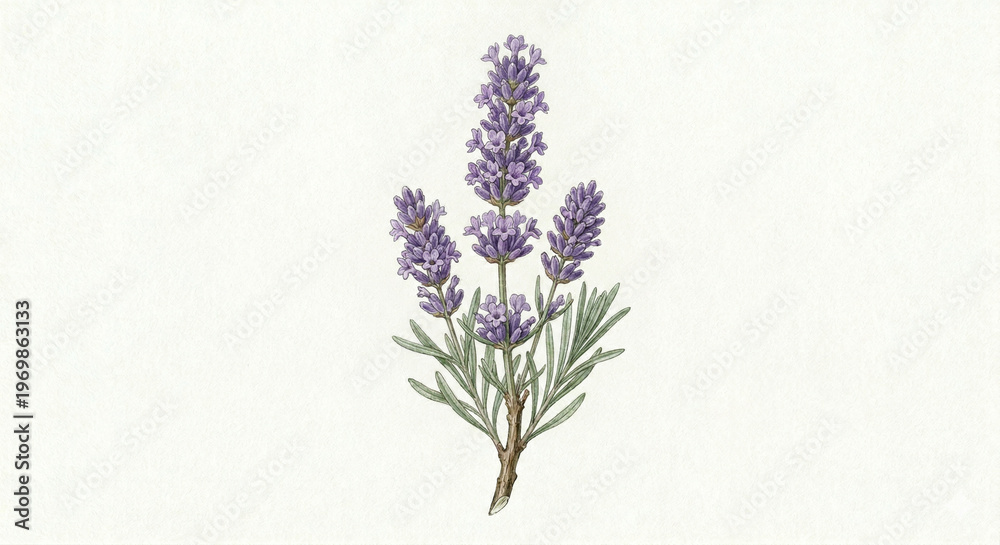 Fototapeta premium Vintage watercolor lavender flower stem illustration, isolated on white, botanical art. 화이트 배경에 고립된 빈티지 수채화 스타일의 라벤더 꽃 줄기 세밀화 일러스트
