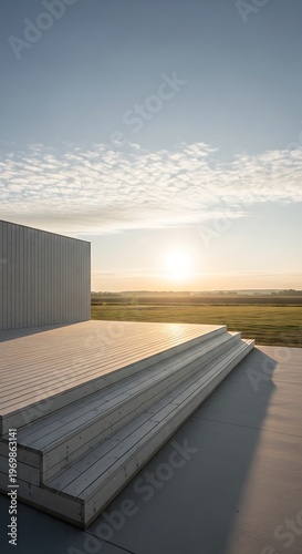 Modern architectural stage with wooden steps and perforated surface set against a vast green field at sunrise with golden sunbeams and soft clouds