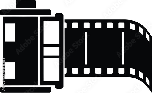 Filmstrip, movie camera, black icons, film reel, cinematic symbols