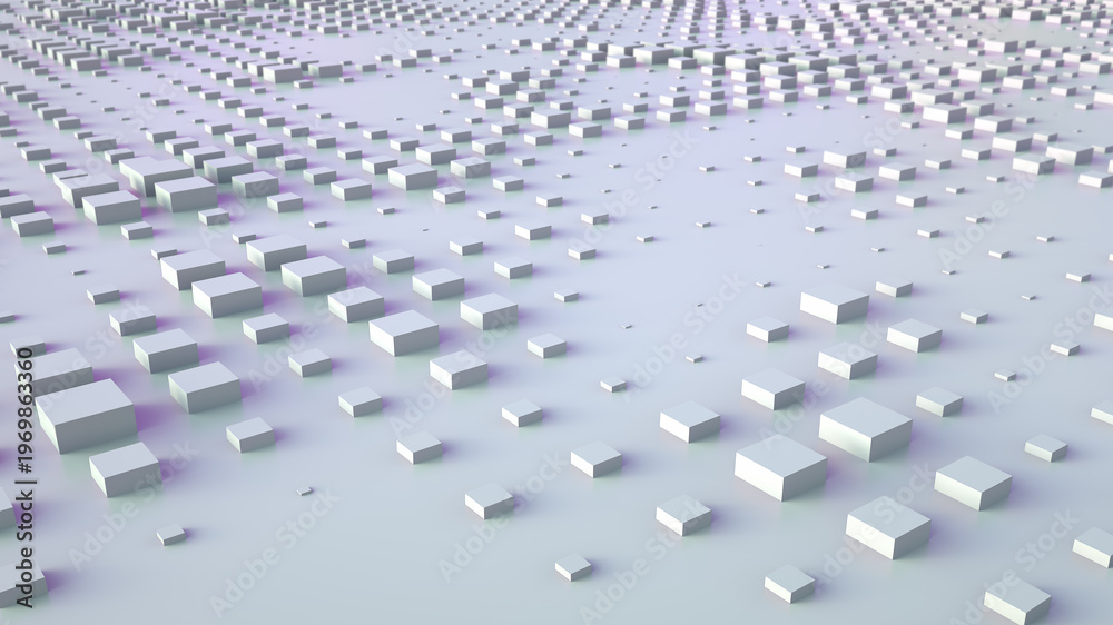 Fototapeta premium Abstract background with 3d rendering with array cubes exchanging size. Random scale of elements with color reflections. Light corporate background.