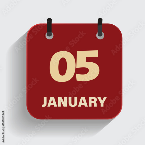 january fifth date calendar icon with red theme and long shadow for personal event organizer