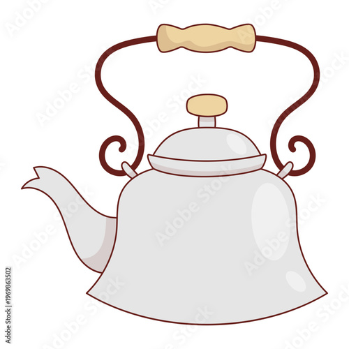 Vintage Enamel Teapot with Curved Iron Handle. Retro Metal bell shaped Kettle for Farmhouse Kitchen Decor. Artisan old-fashioned Ironware enamelware. Vector Illustration.