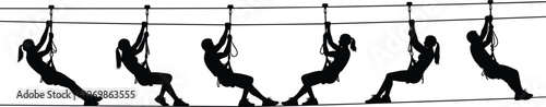 Silhouette sequence of person ziplining across cable showcasing adventure sport, outdoor activity, motion progression, thrill, travel lifestyle, extreme recreation, and dynamic movement concept