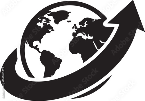 A dark globe encircled by an arrow representing growth and global reach silhouette