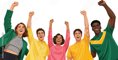 Diverse group of friends celebrating with raised fists together