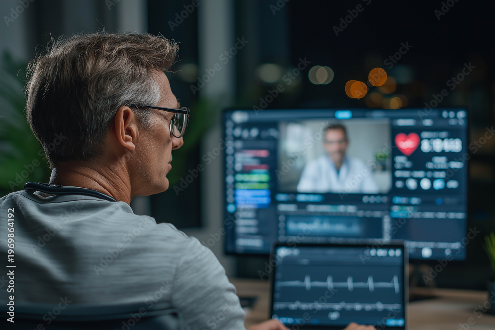 Fototapeta premium Male healthcare professional with glasses monitors patient data on dual screens during telemedicine consultation in a modern office setting at night