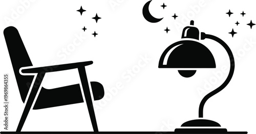 A cozy nighttime reading scene under a starry sky with a desk lamp. isolated on white background, Vector