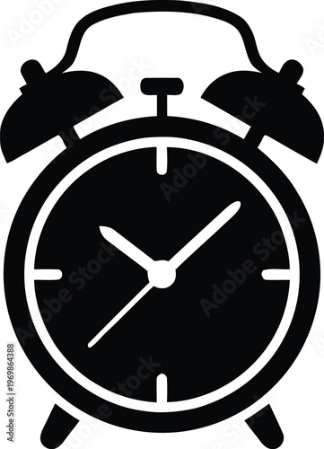 Classic alarm clock with black and white design showing a time of approximately ten past six isolated on white background, Vector