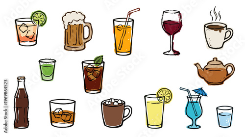 Collection of various beverages and drinks in glasses and cups, including cocktails, beer, wine, coffee, tea, and soda, perfect for illustrating refreshment and social gatherings.