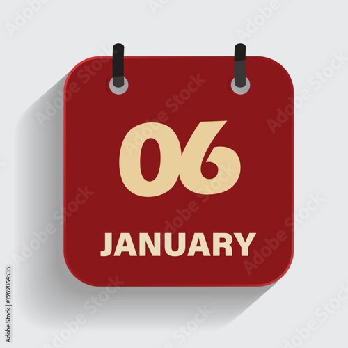 january sixth date calendar icon with red theme and long shadow for personal event organizer