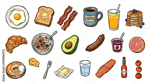 Delicious breakfast spread with coffee, pancakes, bacon, eggs, and fresh fruit, offering a delightful start to the day.