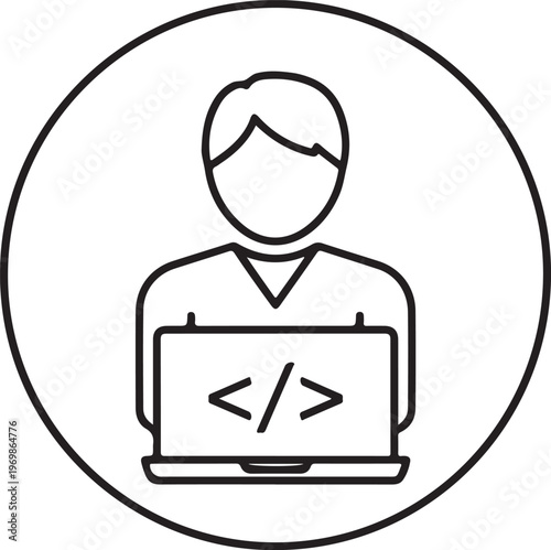 A minimalist depiction of a coder using a laptop circular frame silhouette