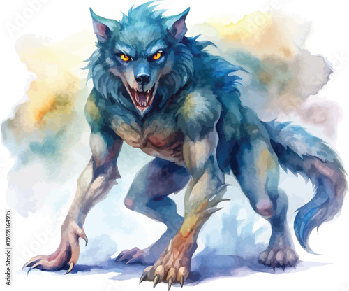 Watercolor Werewolf Clipart, Dark Fantasy Creature Illustration, Isolated on White